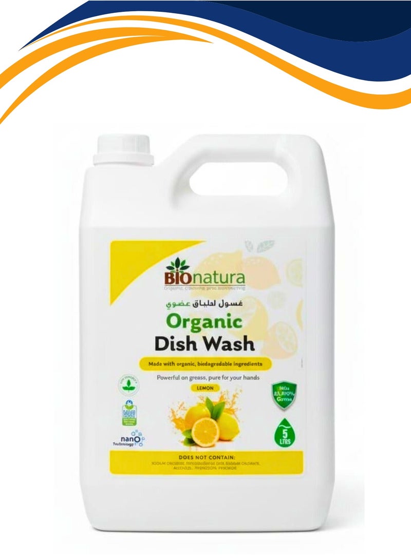 BioNatura Organic Dish Wash Liquid Lemon 5 Liters –Natural Grease Remover, Eco-Friendly Biodegradable Dishwashing Liquid, Tough on Grease & Gentle on Hands, Natural Kitchen Cleaner Family Pack - Image 1